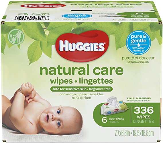 HUGGIES Natural Care Unscented Baby Wipes, Sensitive, Water-Based, 6 Flip-top Packs, 336 Count Total