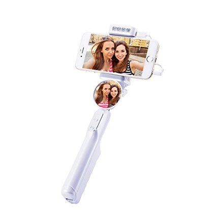 GPLAN Extendable Selfie Stick Built-in Power Bank Wired Self-portrait Monopod with Rear Mirror Fill Light for iPhone 6S/6 iPhone 5/5S Samsung S7 Huawei P10 or Android Phones(White)