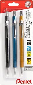 Pentel Sharp Mechanical Pencil 3 pack Assorted Barrels (1 each 0.5mm, 0.7mm, 0.9mm)