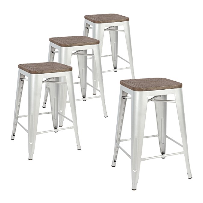 LCH 24 Inch Metal Industrial Bar Stools, Set of 4 Indoor/Outdoor Counter Stackable Barstool with Wood Seat, 500 LB Limit, Silver