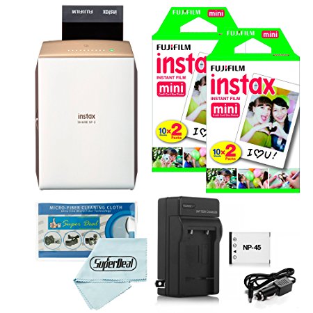 Fujifilm instax SHARE Smartphone Printer SP-2 (Gold)   Fujifilm Mini Twin Pack (40 Shots)   Travel Charger & Extra Battery   Cleaning Cloth