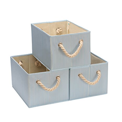 StorageWorks Polyester Storage Box with Strong Cotton Rope Handle, Foldable Basket Organizer Bin, Light Blue, Bamboo Style, Large, 3-Pack