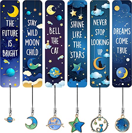 12 Pieces Cat Moon Star Celestial Theme Space Bookmarks with Metal Charms Celestial Bookmarks Inspirational Quotes Bookmarker for Children Boys and Girls, School Classroom Present Reading