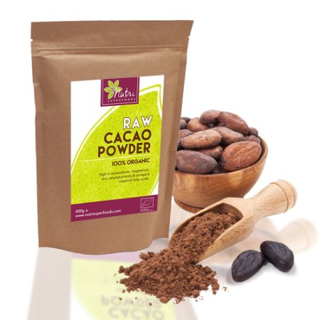 RAW Organic Cacao Powder  1 Best Magnesium Rich Superfood  Highly Nutritious Vegan Protein  Premium Quality  Non Dairy Dark Chocolate Ingredient  Versatile and Ideal for Baking  Power Smoothies  Raw Energy Bars  400g  By Nutri Superfoods