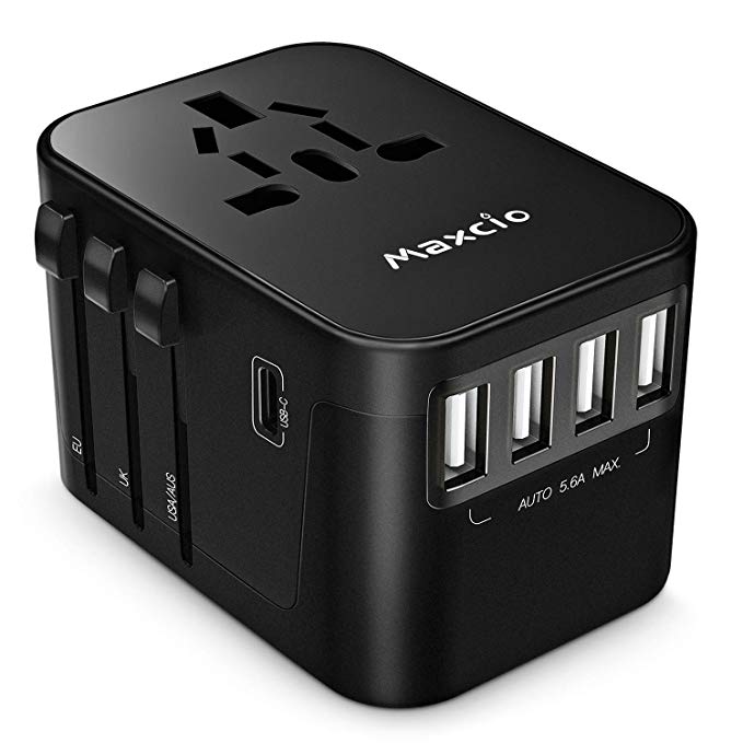 International Travel Adapter, Maxcio Universal Travel Power Adapter with 4USB, 1 Type-C Port Worldwide Wall Charger AC Power Adapters for Europe, USA UK AUS 150  Countries(Black)