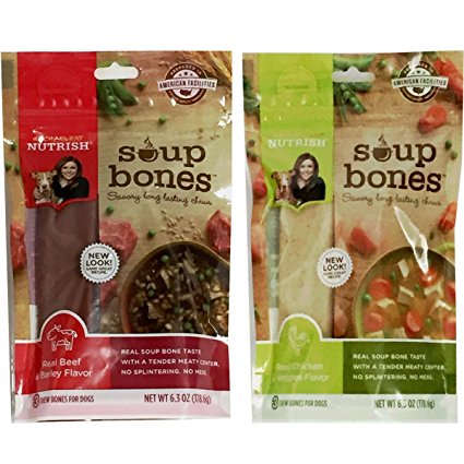 Variety Rachael Ray Nutrish Soup Bones Dog Treats Real Beef & Barley and Chicken & Veggies - Each Pack 6.3 oz/ 3 Chew Treats by Rachael Ray