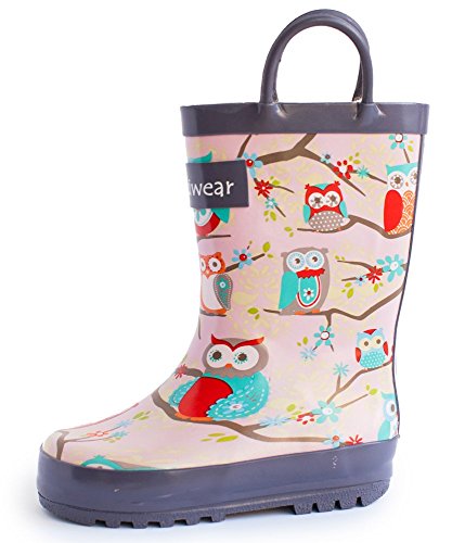 Oakiwear Girls Rubber Rain Boots w/ Easy-On Handles - Pink Owls