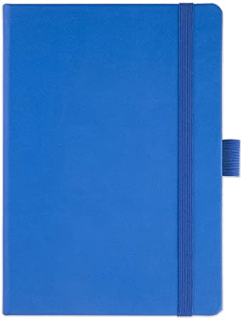 Journal Notebook, Dotted, A5, Vegan Leather Hardcover, 120gsm, 183 Numbered Pages, Pen Holder, Back Pocket - Thunder Blue