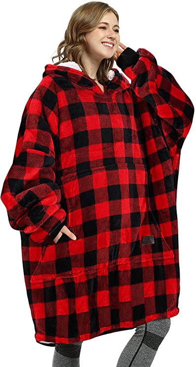 Oversized Hoodie Blanket Sweatshirt,Super Soft Warm Comfortable Sherpa Giant Pullover with Large Front Pocket,for Adults Men Women Teenagers Kids Wife Girlfriend,Buffalo Plaid(Red Black)