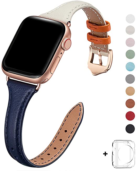 WFEAGL Leather Bands Compatible with Apple Watch 38mm 40mm, Top Grain Leather Band Slim & Thin Wristband for iWatch Series 5 & Series 4/3/2/1(Indigo/Ivory White Band Rosegold Adapter, 38mm 40mm)
