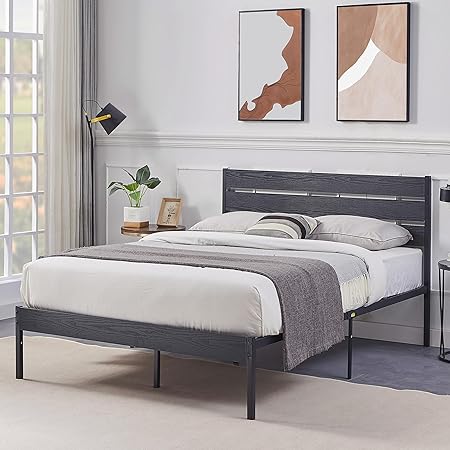 VECELO Platform Full Bed Frame with Rustic Vintage Wood Headboard and Footboard, Mattress Foundation, Strong Metal Slats Support, No Box Spring Needed