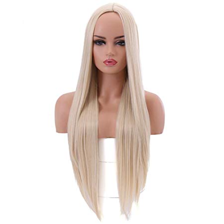 BESTUNG 28 inches Women's Blonde Wigs Long Silky Straight #613 Blonde Middle Parting Synthetic Cosplay Costume Full Hair Wig (Blonde)