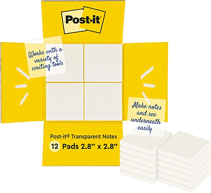 Post-it Transparent Sticky Notes, 3x3 in, 12 Pads/Pack, 36 Sheets/Pad, Clear Sticky Notes, Sticks Securely and Removes Cleanly