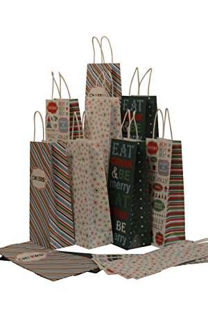 Assorted Christmas Kraft paper wine bags, medium, set of 16 bags, 12.5" x 5" x 3"
