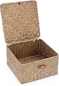 Hipiwe Wicker Shelf Baskets Bin with Lid Handwoven Seagrass Storage Basket Container Square Multipurpose Household Basket Boxes for Shelves and Home Organizer, Coffee Small