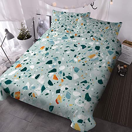 BlessLiving Terrazzo Duvet Cover Set, King, Green, 3D Stone Pattern Printed Bedding Set, Ultra Soft Lightweight and Warm 3 Pieces Fashion Bed Sets for Boys Girls