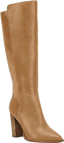 Juliet Joly Women's Wide Calf Knee High Boots Stacked Block High Heel Bootie Side Zip Pointed Toe Heeled Booties