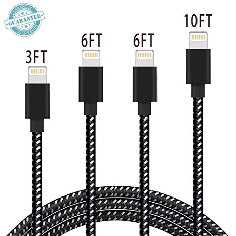 iPhone Cable DANTENG, 4Pack 3FT 6FT 6FT 10FT Extra Long Charging Cord - Nylon Braided USB Lightning Charger for iPhone 7,SE,5,5s,6,6s,6 Plus,iPad Air,Mini,iPod(White Black)