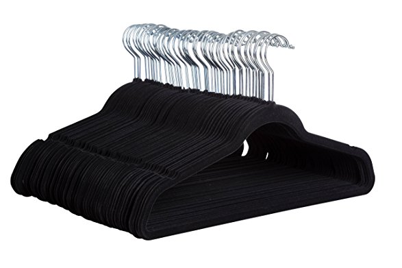 Zober Premium Quality Space Saving Velvet Hangers Strong and Durable Hold Up To 10 Lbs - 360 Degree Chrome Swivel Hook - Ultra Thin Non Slip Suit Hangers, Black - 100 pack