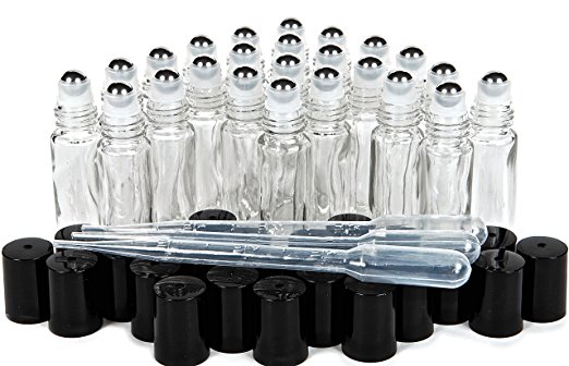 Vivaplex, 24, Clear, 10 ml Glass Roll-on Bottles with Stainless Steel Roller Balls. 3 - 3 ml Droppers included