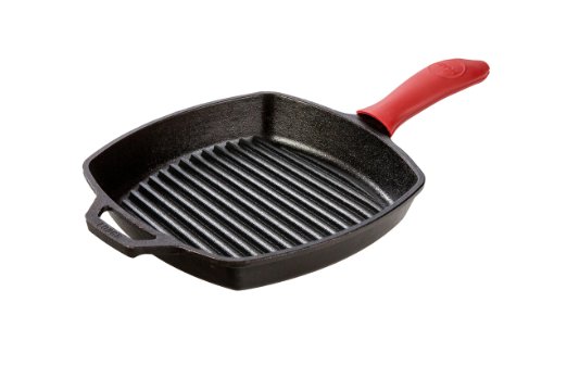 Lodge Manufacturing Company Pre-Seasoned Cast Iron Square Grill Pan with Red Silicone Hot Handle Holder, 10.5", Black