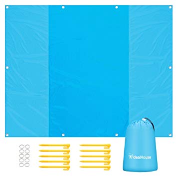 IdealHouse Sand Proof Beach Blanket 7'x9'for 4 Adults, Compact Outdoor Sand free Beach Mat with 10 Sand Stakes&Carry Pouch for Travel,Hiking,Camping-Durable Nylon Material for All Season