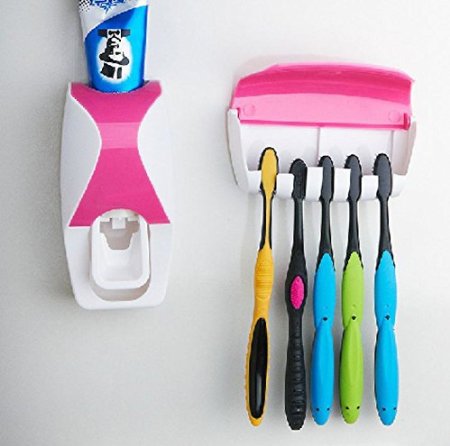 UYIKOO Mini Easy Install Automatic Dust-proof Toothpaste Dispenser Toothpaste Squeezer Kit with Toothbrush Holder Organizer Set Hands Free Toothpaste Squeezer Pump pink