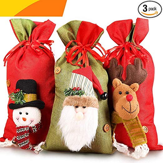 Jolik Santa Sacks Drawstring Christmas Gift Bags, 3D Design Fabric Christmas Bags for Christmas Party Supplies, 15 x 8 inch