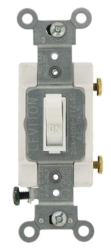 Leviton 54521-2W 20-Amp, 120/277-Volt, Toggle Framed Single-Pole AC Quiet Switch, Commercial Grade, Grounding, White