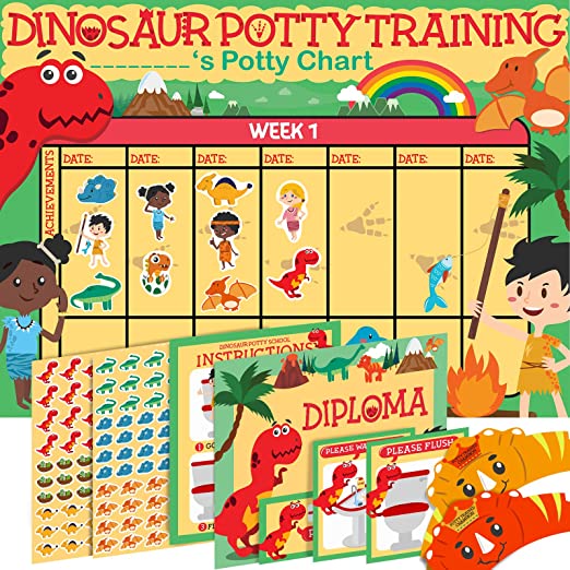 Potty Training Chart for Toddlers Dinosaur Design - Sticker Chart - 4Week Reward Chart, 194 Cool Stickers, Certificate, Instruction Booklet & Motivational Cards - Bonus Celebratory Hat