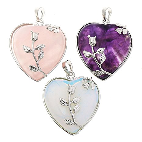 Top Plaza Natural Amethyst/ Rose Quartz/ Opalite Healing Crystal Gemstone Heart Pendant Necklace