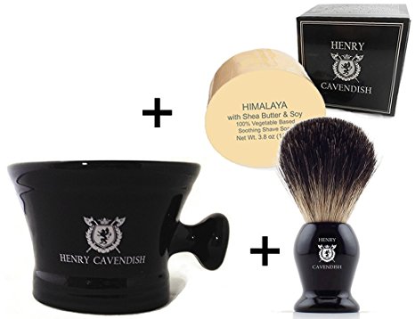Henry Cavendish Himalaya Shaving Soap, Long Lasting 3.8 oz Puck Refill, plus Ceramic Shaving Soap Bowl, plus Gentleman's 100% Pure Badger Hair Shaving Brush.