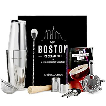 Andrew James Luxury Boston Cocktail Set 10 Piece With Cocktail Book And Gift Box