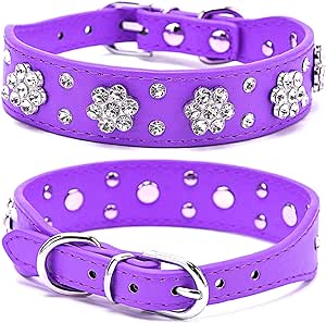 Rhinestone Dog Collar, Cute Flower Rhinestone Cat Dog Collar Bling Collar PU Leather Collar Adjustable Sizes Small Medium Large (S, Purple)