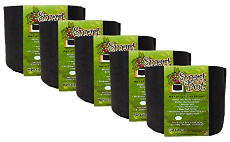 Smart Pot Soft-Sided Fabric Garden Plant Container Aeration Planter Pots, 5 gallon, 5 Pack, Black