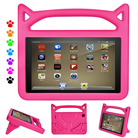 Flre 7 Tablet Case for Kids - Auorld Light Weight Shock Proof Handle Protective Cover with Built-in Stand for Flre 7 inch Display Tablet (Compatible with 2015&2017 Release) (Pink)