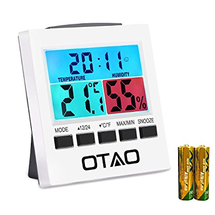 Otao Indoor Thermometer Hygrometer Digital Humidity Monitor Gauge with Backlight Alarm Clock with Colorful LCD Temperature Gauge Humidity Meter(2 Batteries Included)