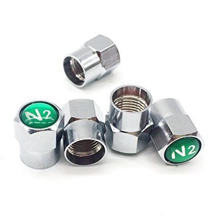 Godeson Chrome Plated Brass Tire Valve Stem Caps with N2 Nitrogen sign logo on the top, 5 Pcs/Set (additional 1pcs for spare).