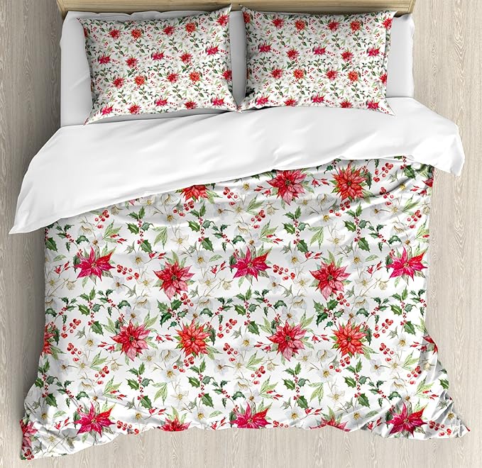 Ambesonne Watercolor Duvet Cover Set, Fresh Poinsettia Flowers and Rowan Berry Branches Christmas Garden, Decorative 3 Piece Bedding Set with 2 Pillow Shams, Queen Size, Vermilion Magenta