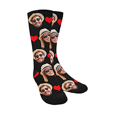 Custom Personalized Photo Pet Face Printed Red Love Heart Black Crew Socks for Men Women Unisex