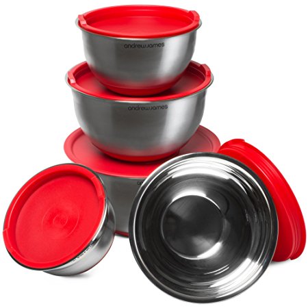 Andrew James 5 Piece Stainless Steel Mixing Bowl Set with Red Airtight Lids & Silicone Bases, Embossed Measuring Scale, 1L, 2L, 3L, 3.5L & 4.5L, Stackable