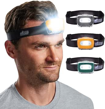 Gorilla Grip Ultra Bright High Lumens LED Head Lamp, 7 Light Modes Water Resistant IPX4 Headlamp, Adjustable Headband, Battery Powered Outdoor Running, Camping Forehead Flashlight Lamps, 1 Pack Orange