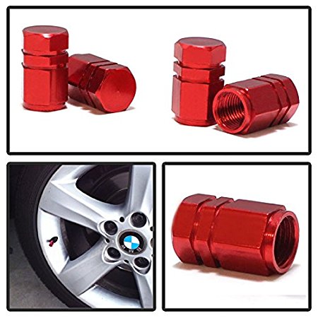 iJDMTOY (4) Tuner Racing Style Red Aluminum Tire Valve Caps (Hexagon Shape)