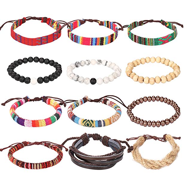 Forever & Ever Friendship Leather 7 Chakra Tribal Bracelets - (Unisex) 12 Pack Charm Ethnic Hand Knit Boho String Hemp Wood Bead Bracelets for Women Jewelry Wristbands
