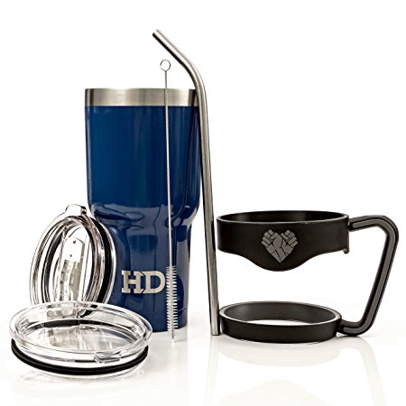 HD Powder Coated Blue 30 Oz Stainless Steel Vacuum Insulated Ultimate Tumbler Set (Includes Double Wall Mug, Handle, Sliding Lid, Standard Lid, Angled Straw and Pipe Brush)