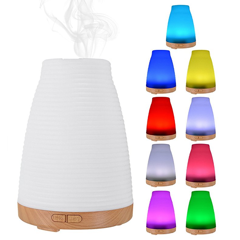 Aroma Air Humidifier, ELEGIANT 100ML Mini Multifunction Ultrasonic Aromatherapy Fragrance Diffuser Oil Diffuser Spray Dust   Night Light with 7 LED Color for Bedroom Office Conference Spa Yoga etc Log stripes