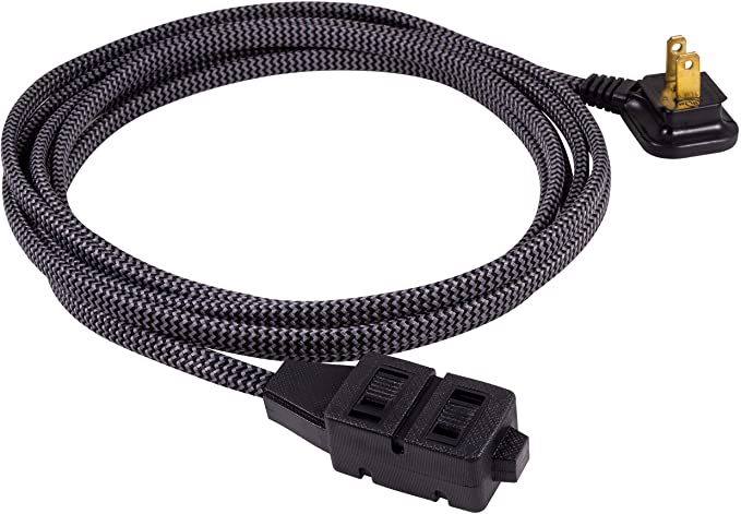 GE, Gray & Black 12 Ft Extra-Long Designer Braided Extension, 3 Strip, 2 Prong Outlets, Flat Plug, Tangle-Free Power Cord, Perfect for Home, Office or Kitchen, Ul Listed, 42386