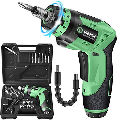 Cordless Screwdriver, VIGRUE Rechargeable Electric Screwdriver with LED Light, Flexible Shaft, 4V MAX 2000mAh Li-ion