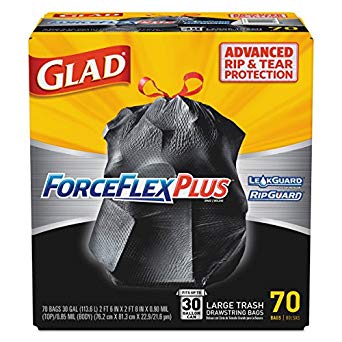 Glad 70358 ForceFlexPlus Drawstring Large Trash Bags, 30 gal, Black (Box of 70)