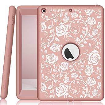 Hocase iPad 9.7 2018/2017 Case Heavy Duty Shockproof Silicone Rubber Hard Shell Hybrid Protective Case w/ Rose Floral Print for iPad 5th/6th Generation A1893/A1954/A1822/A1823 - Rose Gold Pink